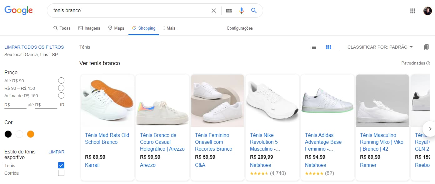 Google Shopping - busca tênis branco